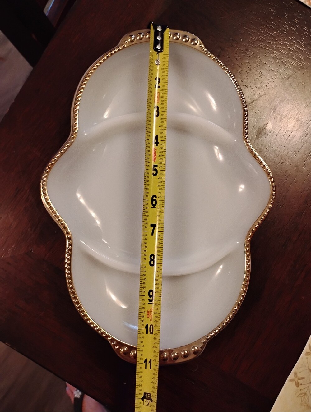 Vintage White Anchor Hocking Fire King Milk Glass Divided Relish Dish Gold Trim - Picture 3 of 7